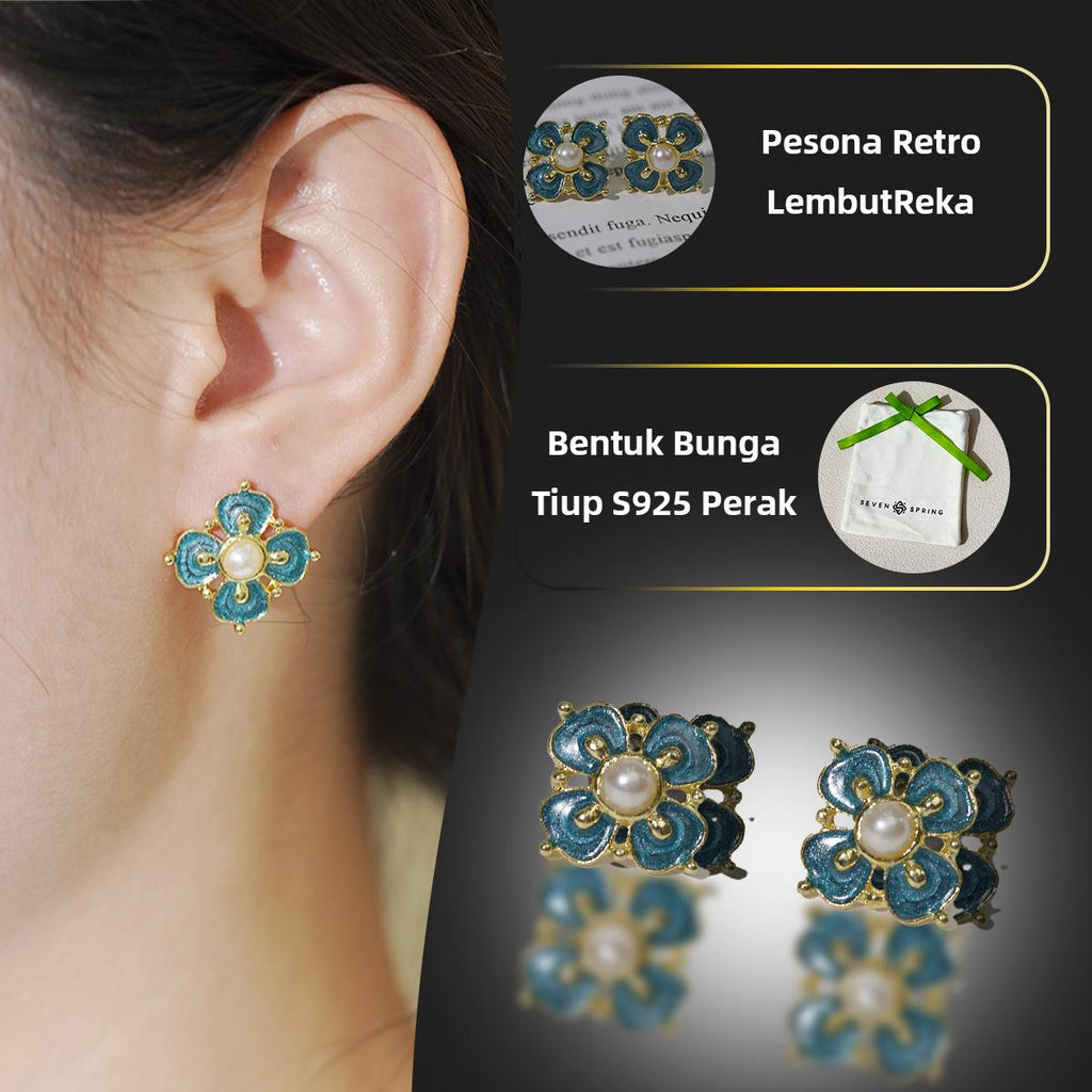 Anting-anting Stud Bunga, Kilauan Biru-Hijau, Mutiara Enamel-Sekitar, Dipotong Emas, Untuk Gadis