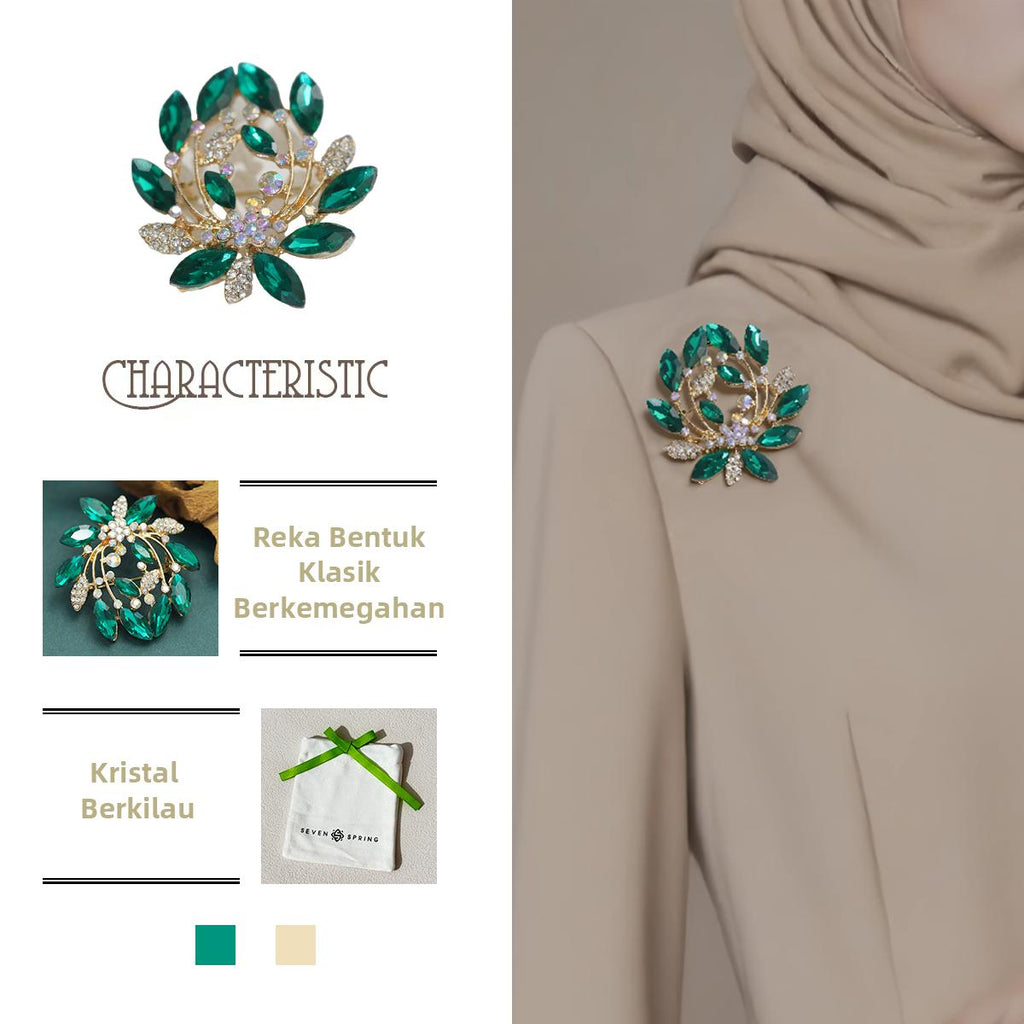 Kerongsang besar bahu Kristal Hijau, Gaya Vintaj, Glamor Retro, Sesuai untuk Gaun Rasmi / Kot, Sesuai untuk Pencinta Fesyen dan Hadiah Daun brooch