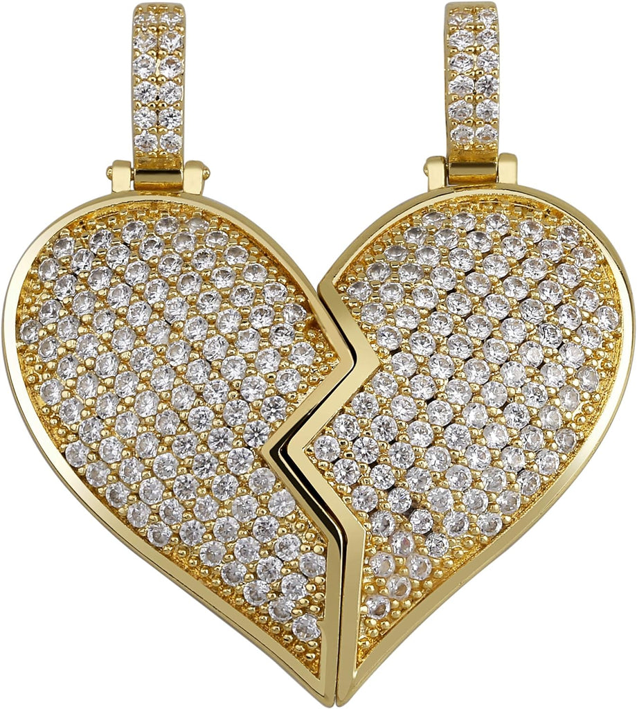 YOSZO Iced Out Premium Diamond Solid Magnetic Broken Heart Matching Pendant with 2 Rope Chains Necklace Valentine Gifts for Lovers Men and Women (Gold Matching)