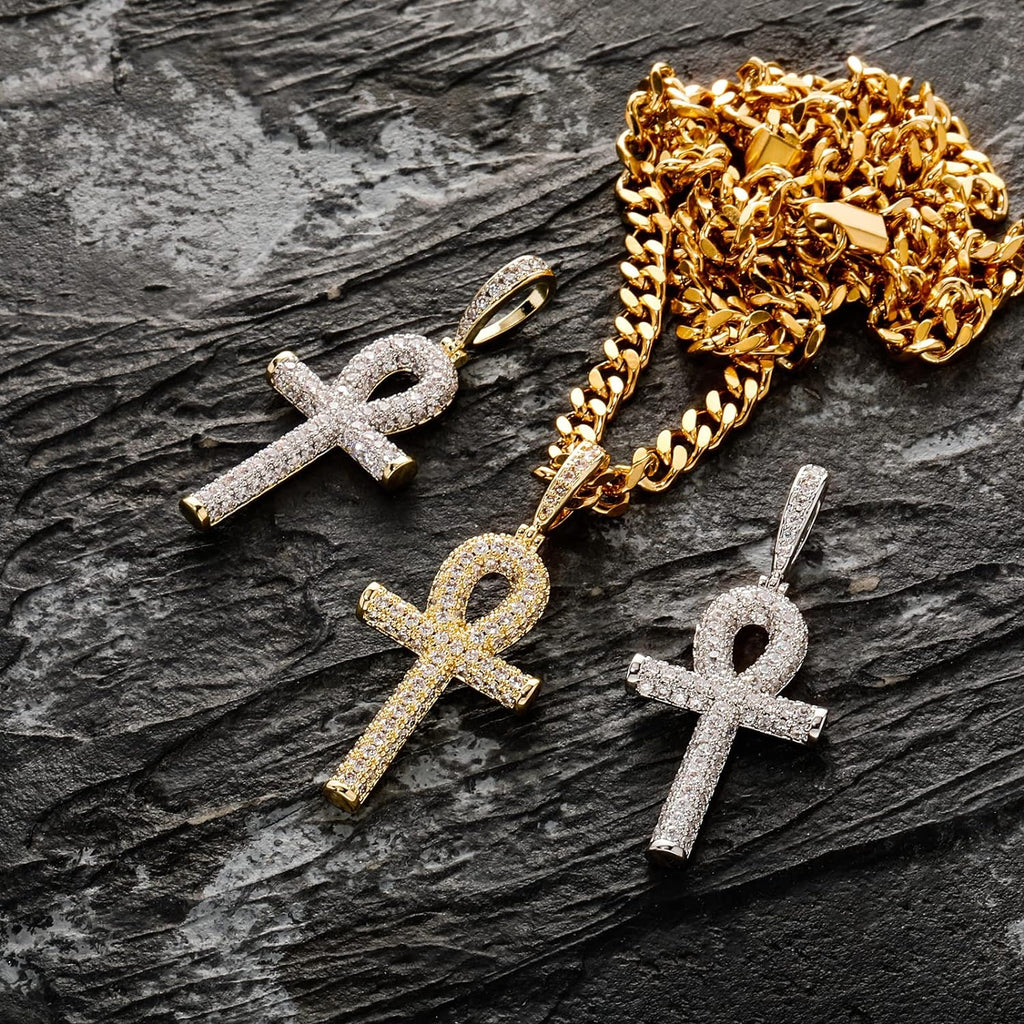 YOSZO Ankh Cross Pendant 18K Gold Plated Fully Iced Out CZ Egyptian Ankh Religious Chain Necklace for Men Women