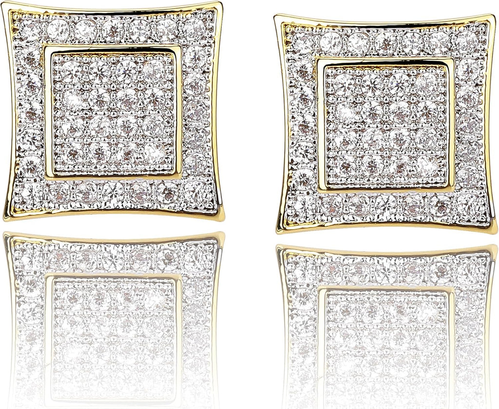 YOSZO 925 Sterling Silver Square Screw Stud Earrings 14K Gold 5A+ Cubic Zirconia Iced Out Square Screw Back Hypoallergenic Cube Large Stud Earrings For Men Women