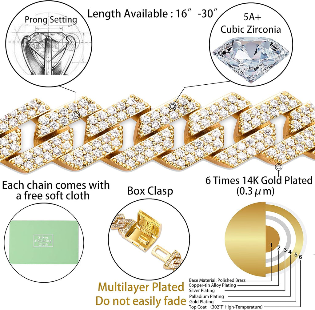 YOSZO Cuban Link Chain for Men 14mm 6 Times 14K Gold Plated Iced out Lab Diamond Miami Curb Cadenas De Oro Para Hombres Choker for Women with Box Clasp Hip Hop
