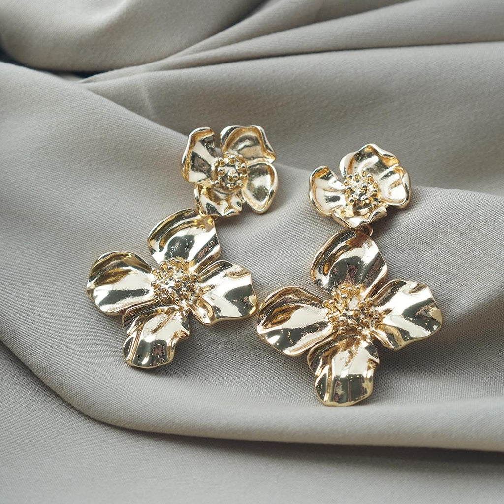 【Drop Earrings】Gold Plated Metel Double Flower Earrings, Retro-Elegant & Minimalist for Fashion Ladies