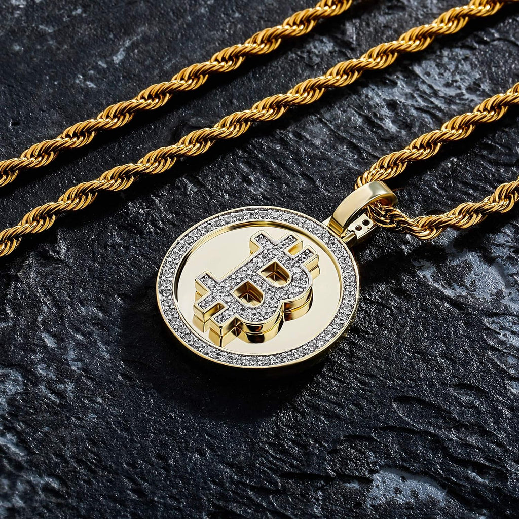 YOSZO Gold Pendant Necklace Men Rope Bitcoin Chain Iced out 14K Gold Plated Cryptocurrency Gold Necklace for Women Stainless Steel Necklace