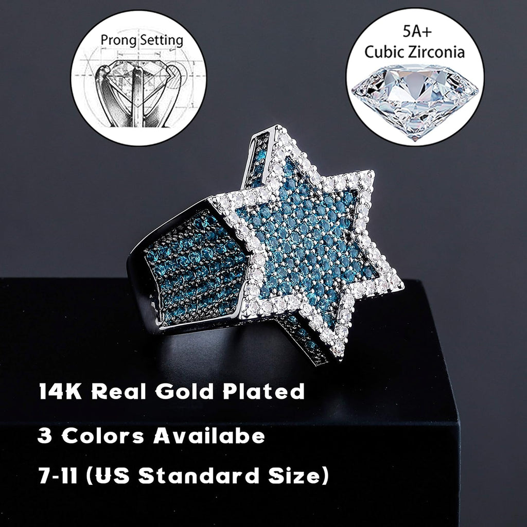 YOSZO Gold Ring Star Men Diamond Ring Iced out Cuic Zirconia 14K Gold Silver Plated Punk Band Hexagram Gold Jewelry 7-11