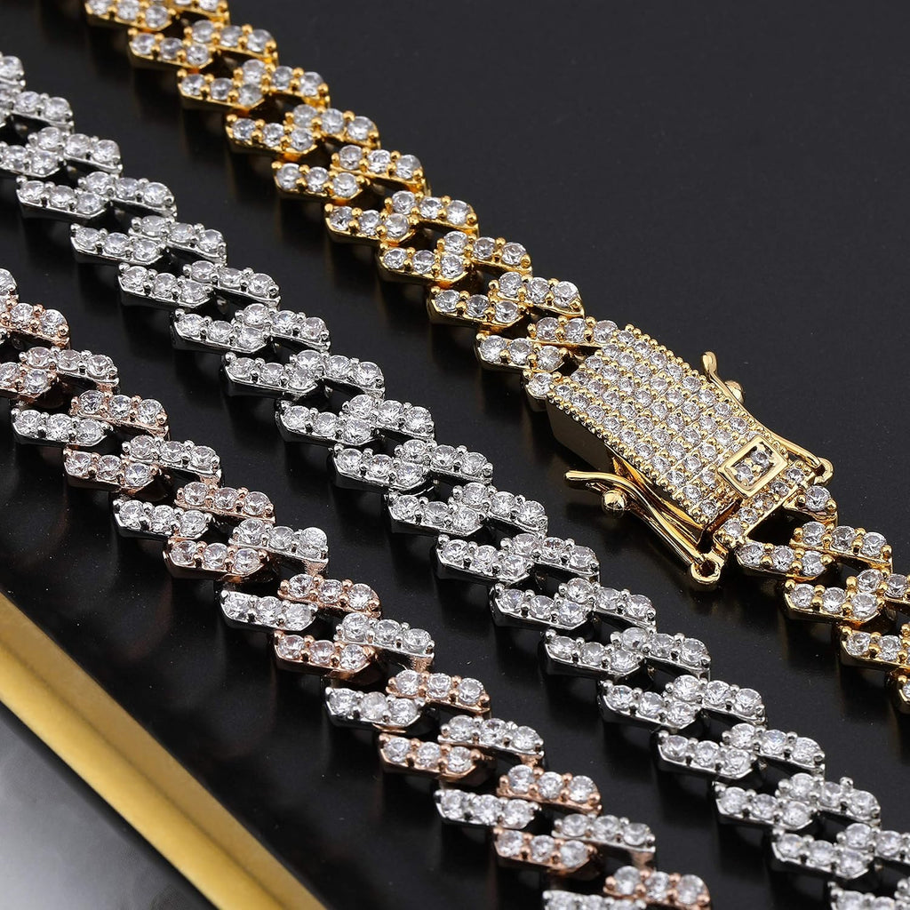 YOSZO 10mm 6 Times 14K Gold Plated Iced Out Lab Diamond Prong Setting Long Buckle Miami Cuban Link Choker Chain Necklace for Men