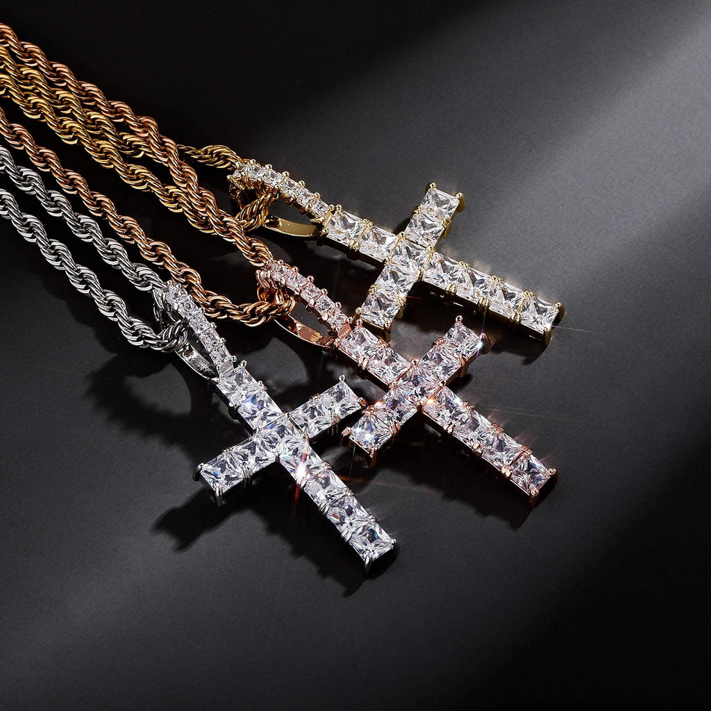 YOSZO Cross Necklace Men Gold Princess Diamond Cross Chain Iced out 14K Gold Plated Cubic Zirconia Pendant Necklace for Women 24 Stainless Steel Chain Gold Jewelry