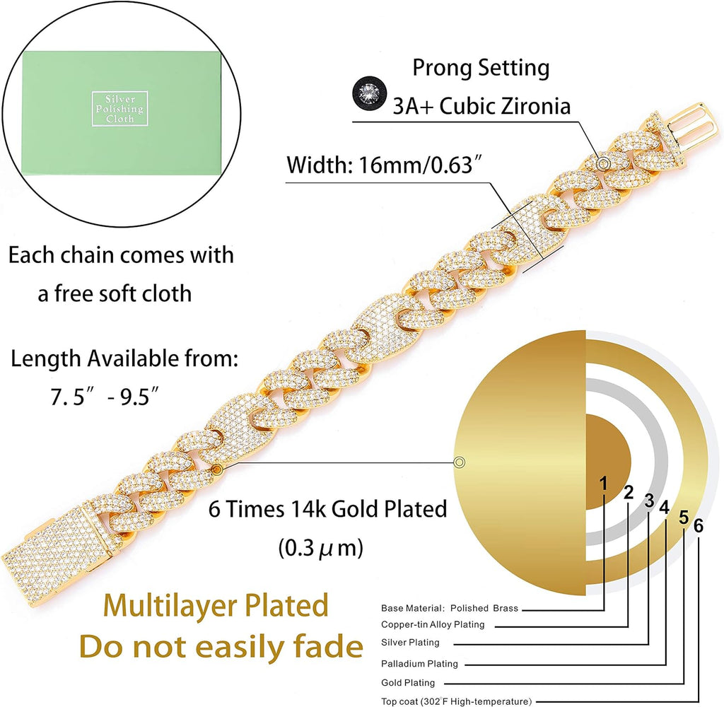 YOSZO 16mm 6 Times 14K Gold Plated Iced Out Prong Setting Cubic Zirconia Miami Cuban Link Bracelet for Men with Box Clasp Hip Hop