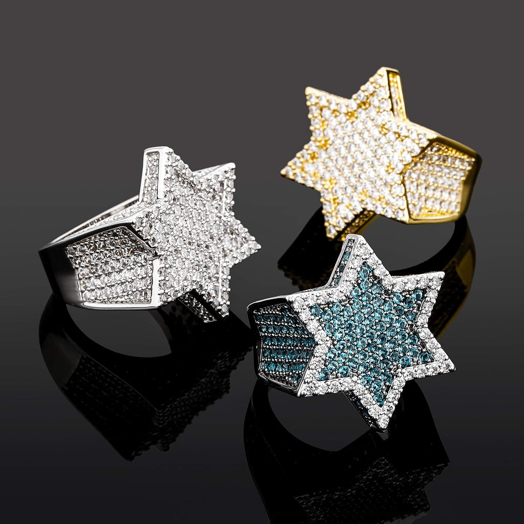 YOSZO Gold Ring Star Men Diamond Ring Iced out Cuic Zirconia 14K Gold Silver Plated Punk Band Hexagram Gold Jewelry 7-11