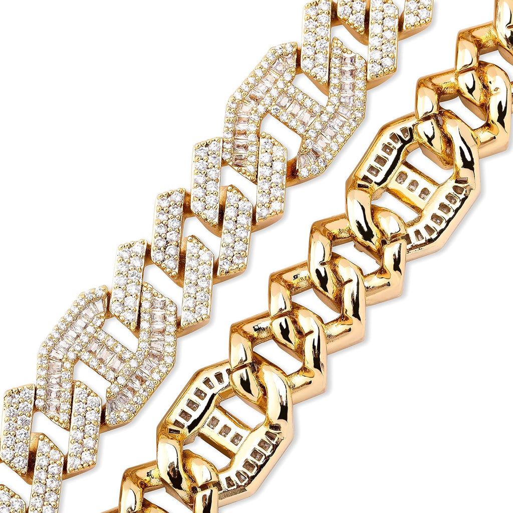 YOSZO Hip Hop 6 Times 14k Gold Plated 14mm Miami Cuban Link Chains Necklace Iced Out Paved Bling Drip Sharp Edge Cuban with Baguette CZ for Men