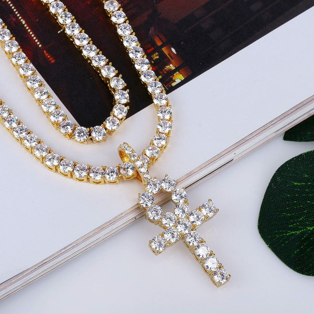 YOSZO 18K Gold Plated Iced Out Cubic Zirconia Classic Ankh Nail Mini Cross Egyptian Pendant Necklace Hip Hop Jewelry for Men Women with Stainless Rope Chain