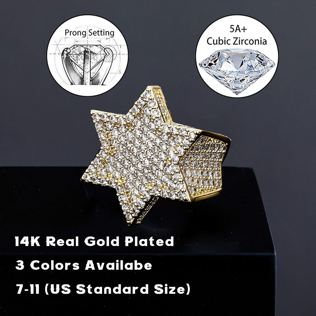 YOSZO Gold Ring Star Men Diamond Ring Iced out Cuic Zirconia 14K Gold Silver Plated Punk Band Hexagram Gold Jewelry 7-11