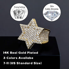 Carica l&#39;immagine nel visualizzatore di Gallery, YOSZO Gold Ring Star Men Diamond Ring Iced out Cuic Zirconia 14K Gold Silver Plated Punk Band Hexagram Gold Jewelry 7-11