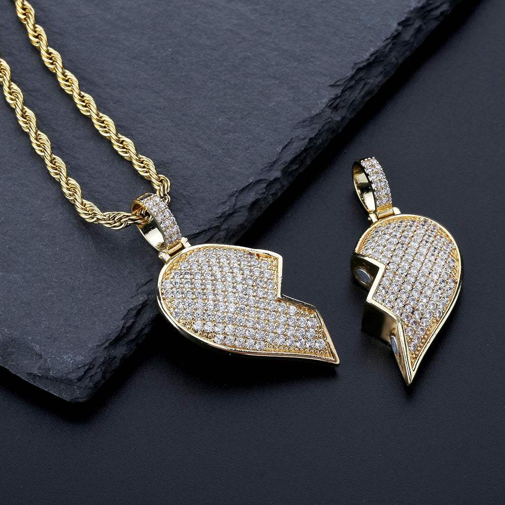 YOSZO Iced Out Premium Diamond Solid Magnetic Broken Heart Matching Pendant with 2 Rope Chains Necklace Valentine Gifts for Lovers Men and Women (Gold Matching)