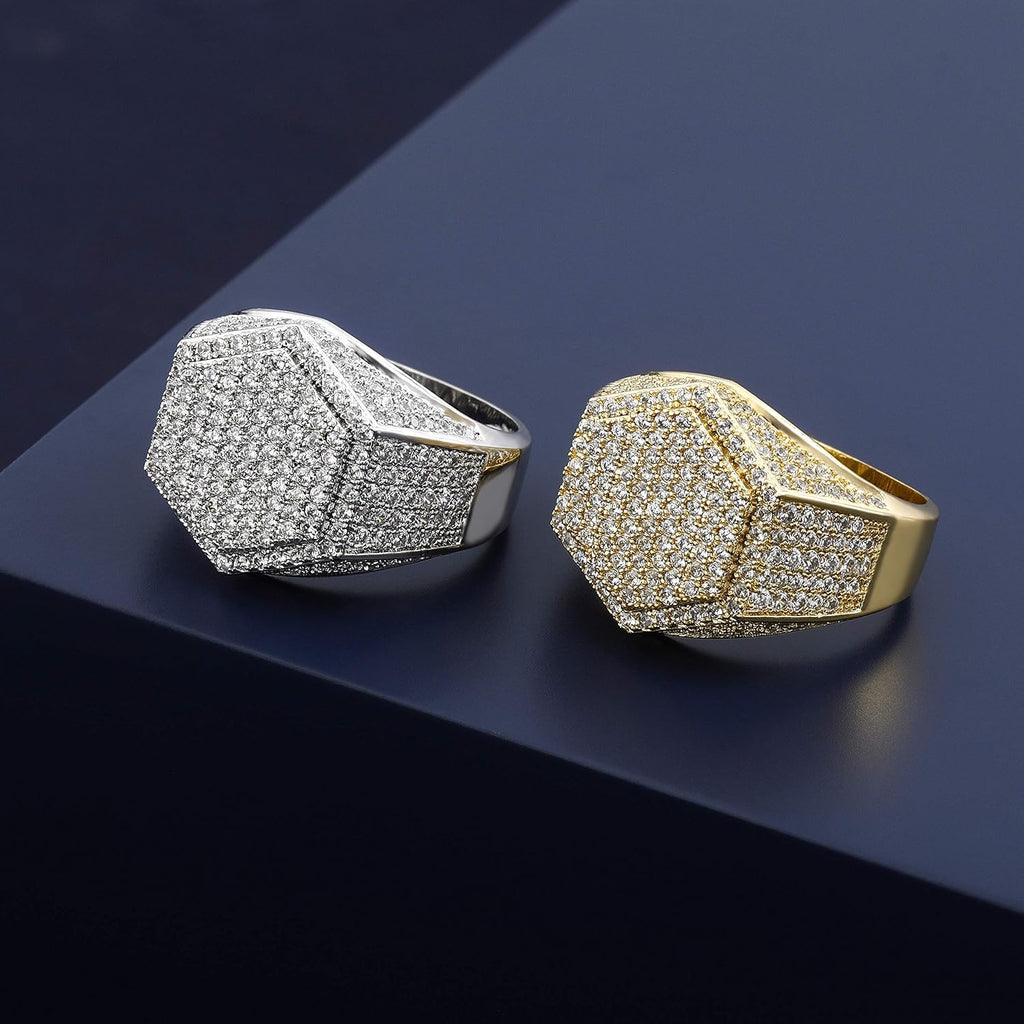 YOSZO Mens Iced Out CZ Hexagon Bling Pinky Ring 18k gold Plated Hip Hop Ring for Men