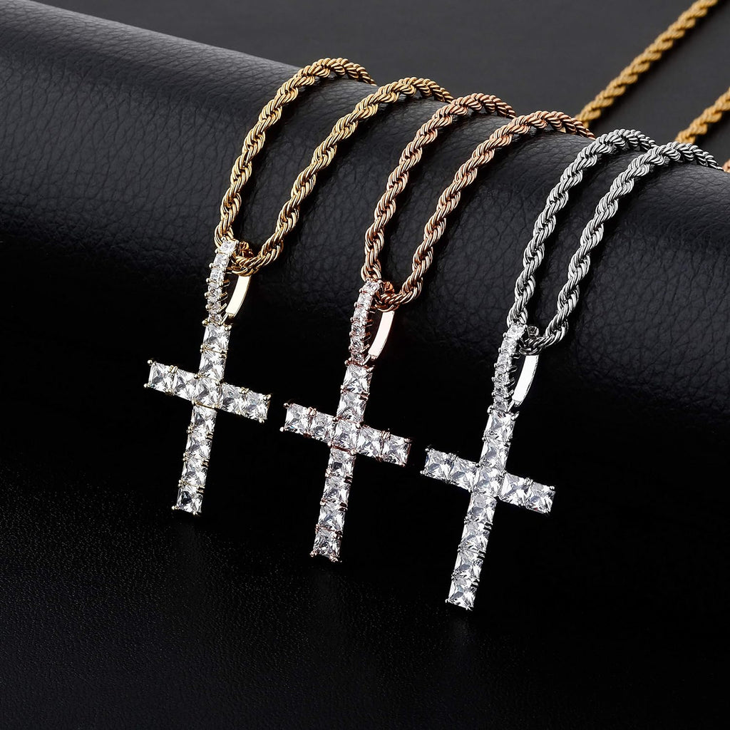 YOSZO Cross Necklace Men Gold Princess Diamond Cross Chain Iced out 14K Gold Plated Cubic Zirconia Pendant Necklace for Women 24 Stainless Steel Chain Gold Jewelry