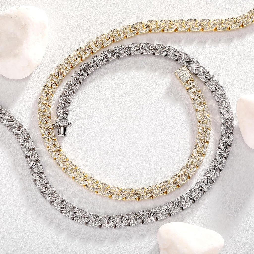 YOSZO Cuban Link Chain for Men Gold Jewelry Silver Baguette Diamond Miami Choker Necklace for Women 9mm Iced out 14K Gold Plated Gifts for Women