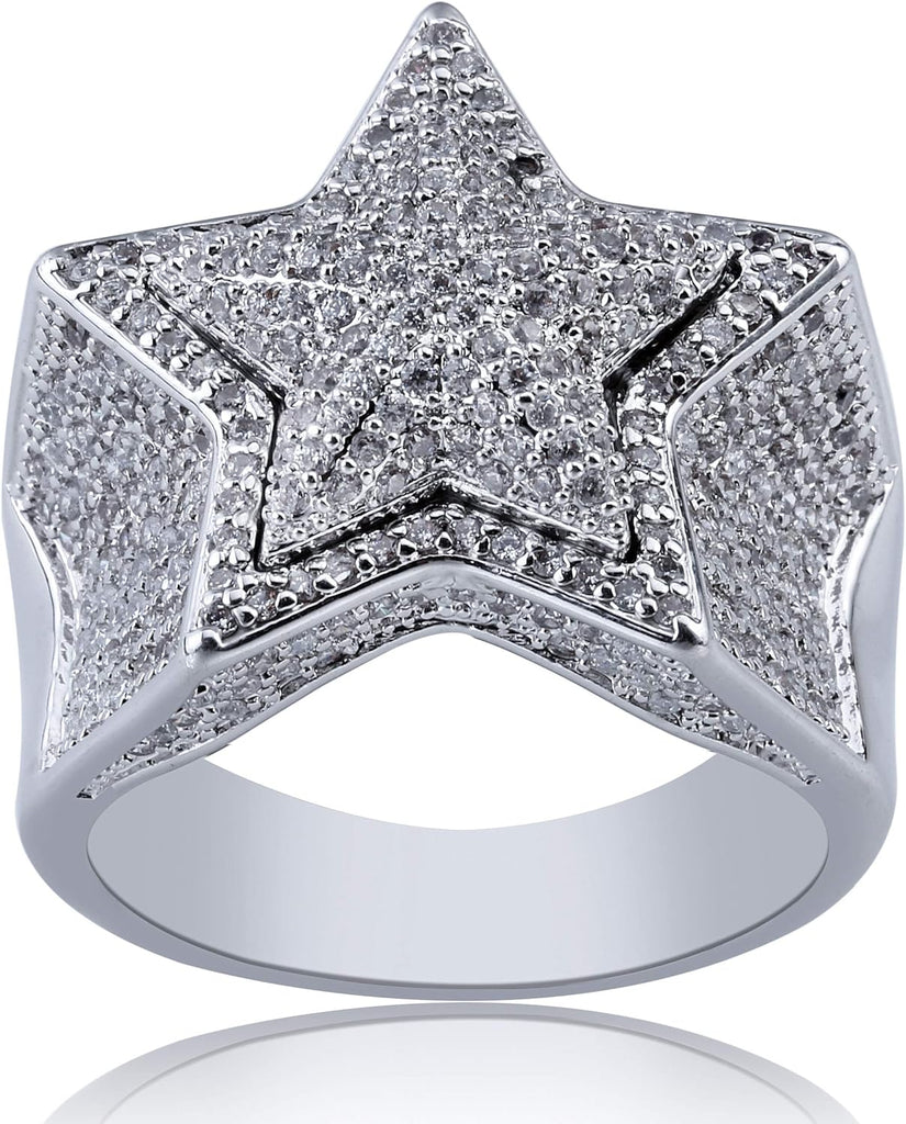 YOSZO 14K Gold Star Ring Iced Out CZ Simulated Diamond 3D Star Punky Rappers 5 Star Ring for Men Engagement Hip Hop Jewelry