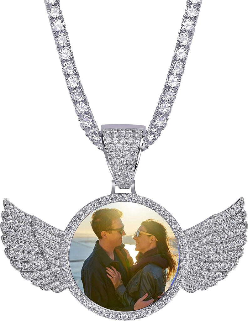 YOSZO Picture Necklace Personalized Photo Pendant for Men Women Iced Out Angel Wings Heart Custom Necklace with Tennis Chain