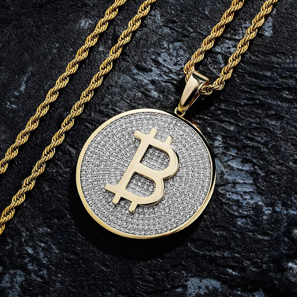 YOSZO Gold Pendant Necklace Men Rope Bitcoin Chain Iced out 14K Gold Plated Cryptocurrency Gold Necklace for Women Stainless Steel Necklace