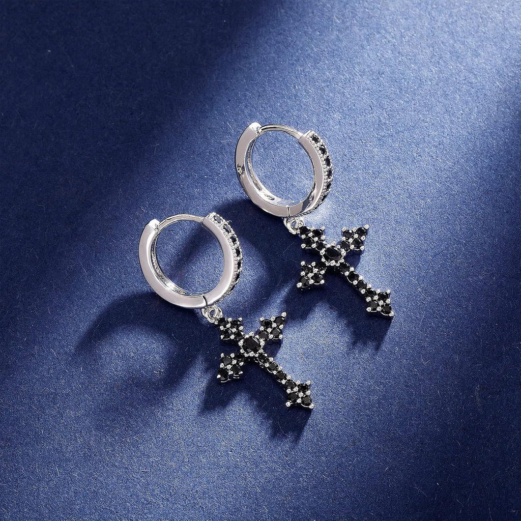 YOSZO Black Cross Hoop Dangle Earrings 14K Silver 5A+ Black Cubic Zirconia Cartilage Sterling Silver Cross Dangle Drop Earrings For Men Women Hypoallergenic