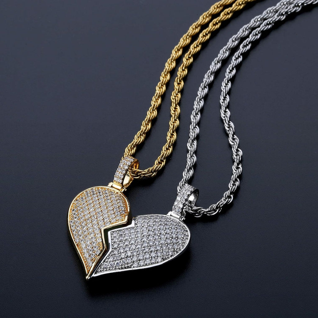 YOSZO Iced Out Premium Diamond Solid Magnetic Broken Heart Matching Pendant with 2 Rope Chains Necklace Valentine Gifts for Lovers Men and Women (Gold Matching)