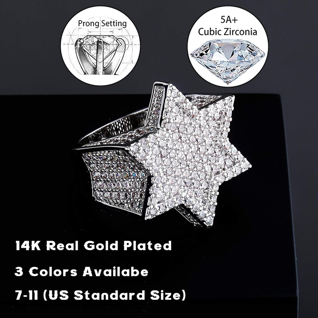 YOSZO Gold Ring Star Men Diamond Ring Iced out Cuic Zirconia 14K Gold Silver Plated Punk Band Hexagram Gold Jewelry 7-11