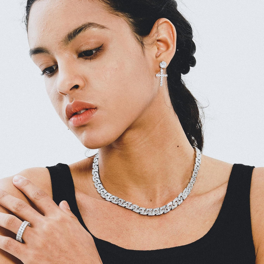 YOSZO Cuban Link Chain for Men Gold Jewelry Silver Baguette Diamond Miami Choker Necklace for Women 9mm Iced out 14K Gold Plated Gifts for Women