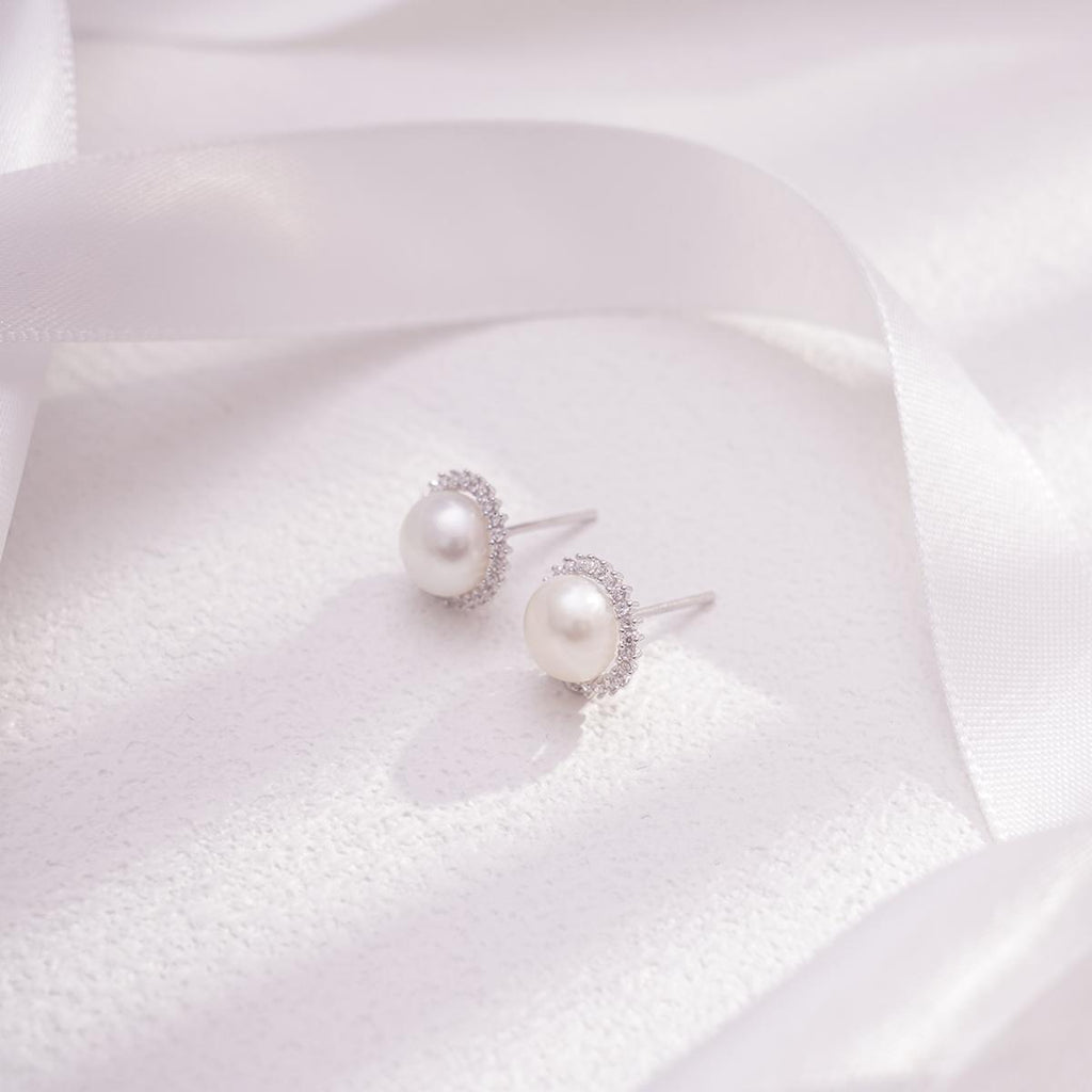 【Stud Earring】Sun-Shape Natural Pearl Stud Earring, Silver Base Zircon Shining Fashion Jewelry for Women, Perfect Birthday Gift