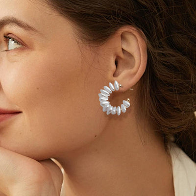 【Hoop Earrings】Pearl-White Alloy Plated Gold Earrings, Delicate & Chic Daily for Fashion Ladies.