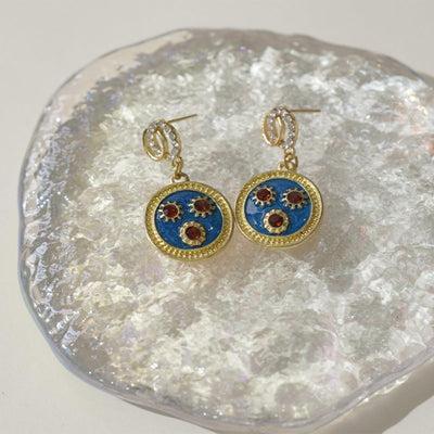 【Drop Earrings】Vintage Style Earrings- Gold Plated Blue Enamel Red Gemstone Pendant Design for Fashion Lovers