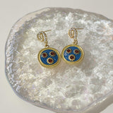 【Drop Earrings】Vintage Style Earrings- Gold Plated Blue Enamel Red Gemstone Pendant Design for Fashion Lovers