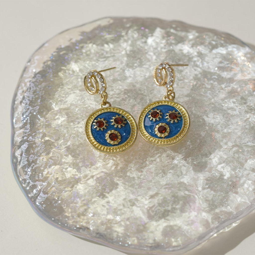 Anting-anting Menjuntai, Gaya Vintaj, Aloi Emas, Enamel Biru, Reka Bentuk Loket Batu Permata Merah, Untuk Pencinta Fesyen