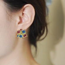 Load image into Gallery viewer, Anting-anting Stud Geometrik, Enamel Kilauan Biru-Merah Tepi Emas, Berbentuk Ketupat Bertindan, Sesuai untuk Pakaian Harian, Gaya Anak Ayam