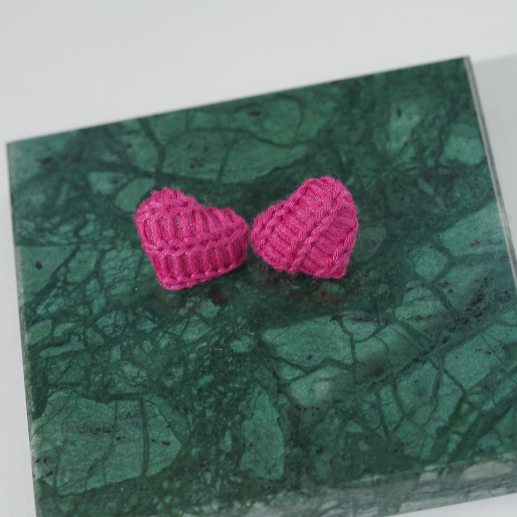 【Stud Earrings】Pink & White Knitted Heart Studs,Cute Sweet Style for Young Women