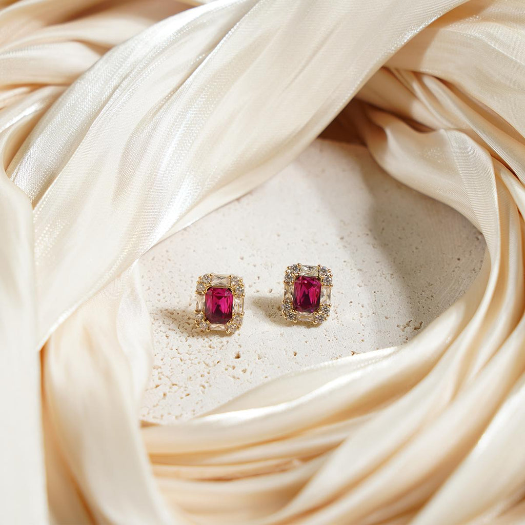 Red Cubic Zirconia Stud Earrings Gold-Tone Copper Princess Cut Gemstone Minimalist Elegant Jewelry for Women