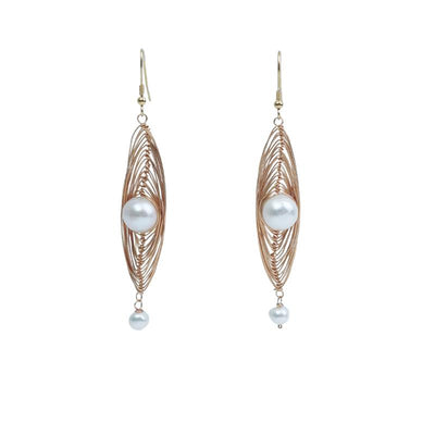 【Drop Earrings】Rose Gold Plated Copper Freshwater Pearl Double Pearl Hollow Ellipse Elegant Frame Graceful Simplicity Lightweight Women's Modern Jewelry