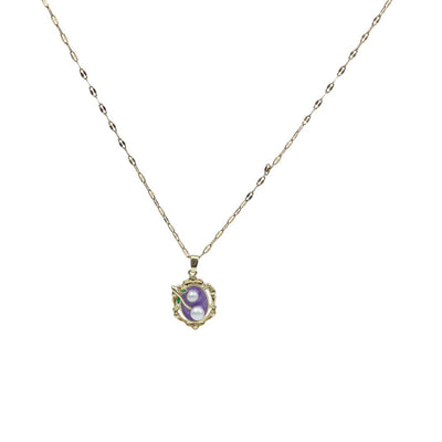 【Pendant Necklace】 Purple Enamel & Pearl Pendant with Cute Pearl, Antique-Inspired Jewelry for Ladies