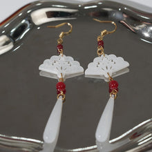 Load image into Gallery viewer, 【Drop Earrings】White Resin Hollow Fan with Red Beads &amp; Ivory Drops