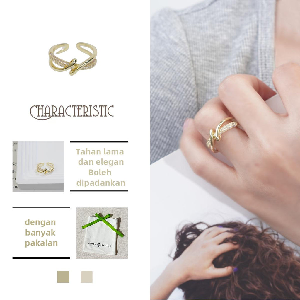Cincin Terbuka Zirkon, Rekaan Berpintal, Barang Kemas Fesyen Bergaya dan Boleh Laras, Untuk Wanita Fesyen Perak Putih stainless steel ring
