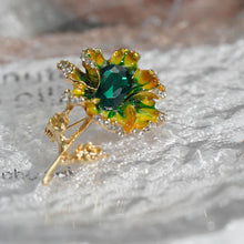 Load image into Gallery viewer, Flower Shaped Enamel Brooch with Green Rhinestones | Elegant Accessory for Women