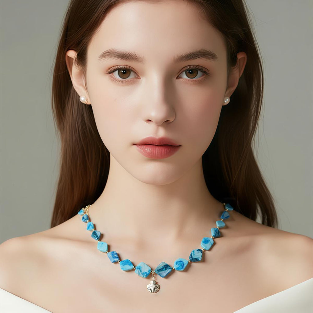 【Earrings/Necklace】Blue Natural Stone Earrings/Necklace with Metel Shell Charms, Unique Textured Design for Beachy Vibes Lovers