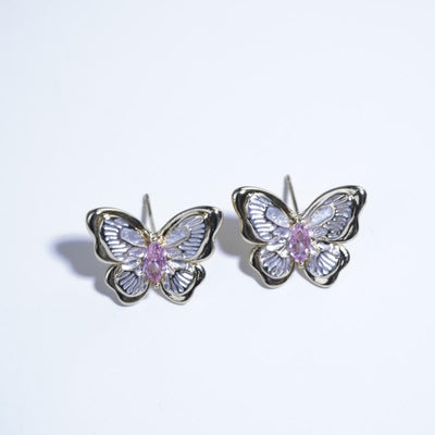 【Stud Earrings】Gold-Plated Butterfly Earrings with Clear Zircon & Pink Gemstones, Shiny Romantic Design for Women