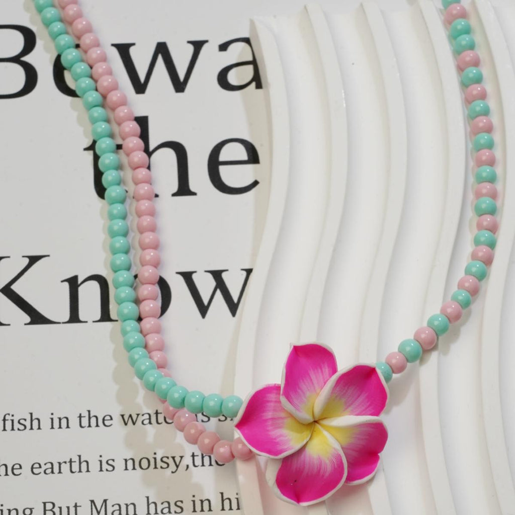 【Beaded Necklace】Pastel Pink & Blue Double - Layer Beaded,Plumeria Pendant Chain, Sweet Vacation Style for Summer Outfits