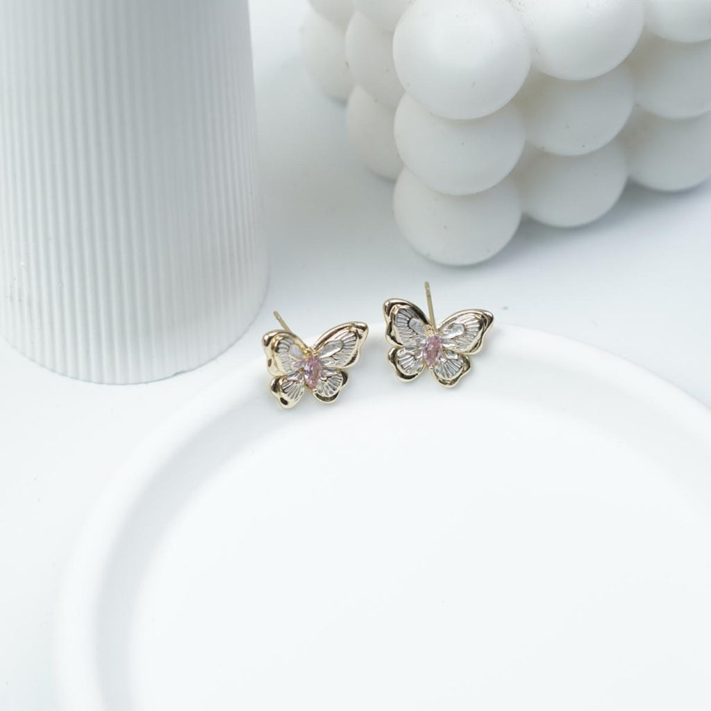 【Stud Earrings】Gold-Plated Butterfly Earrings with Clear Zircon & Pink Gemstones, Shiny Romantic Design for Women