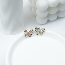 Load image into Gallery viewer, 【Stud Earrings】Gold-Plated Butterfly Earrings with Clear Zircon &amp; Pink Gemstones, Shiny Romantic Design for Women