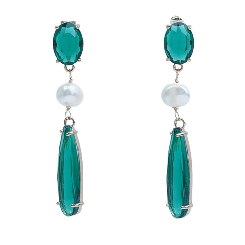 【Earrings】Chinese Art Grass & Pearl Drop Earrings Green Gradient Copper Chain Lightweight Earring for Women