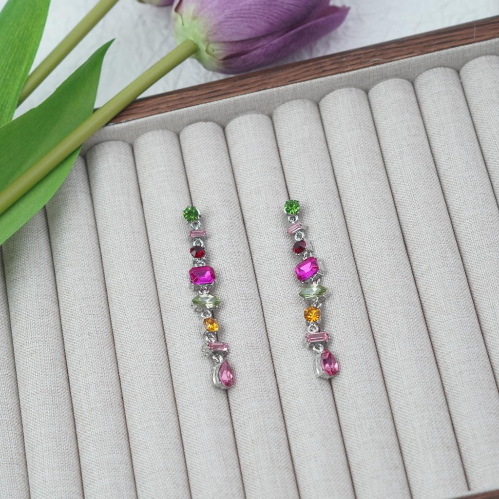 【Drop Earrings】Silver Plated Alloy Earrings with Multi Color Stones, Glam Retro & Artistic Style for Ladies