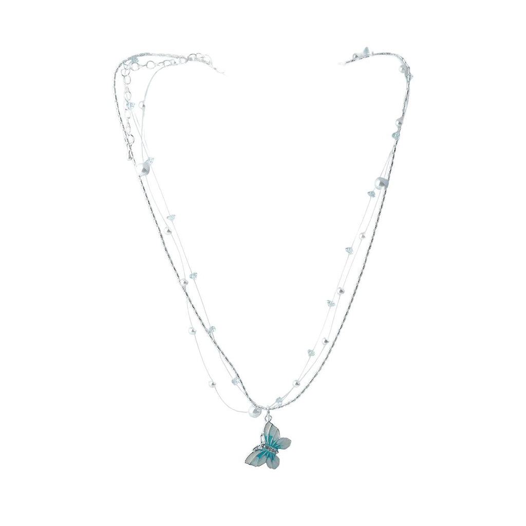 【Pendant Necklaces】Silver Plated Chain Layered Necklace with Light Green Butterfly Pendant, Romantic & Dainty for Trendy Girls