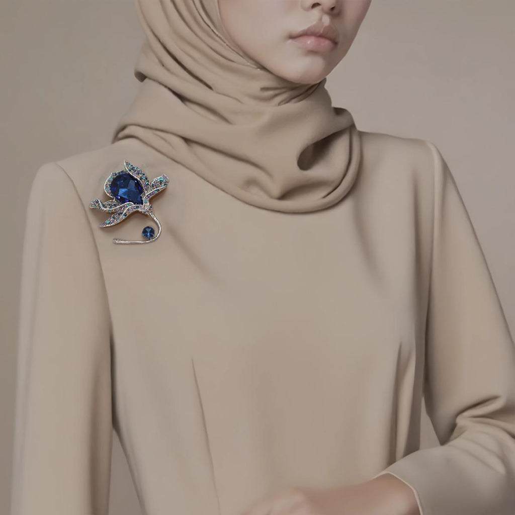 Elegant Flower Brooch with Deep Blue & Crystals - For Formal Attire & Women's Fashion Accessory